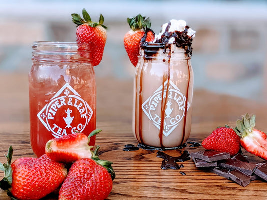 Two pint jars of our favorite Valentine's Day drink recipes, both made with Velvet Bliss tea
