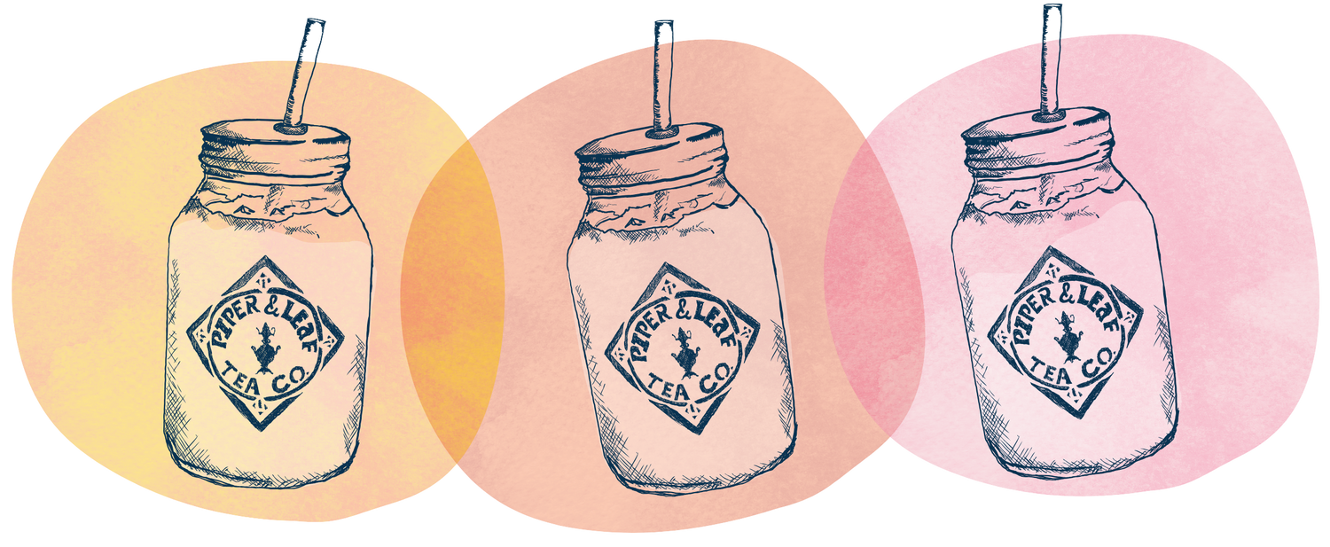 Illustration of three mason jar drinks with straws, labeled "River & Lake Tea Co.," against colorful, overlapping circles of yellow, orange, and pink.