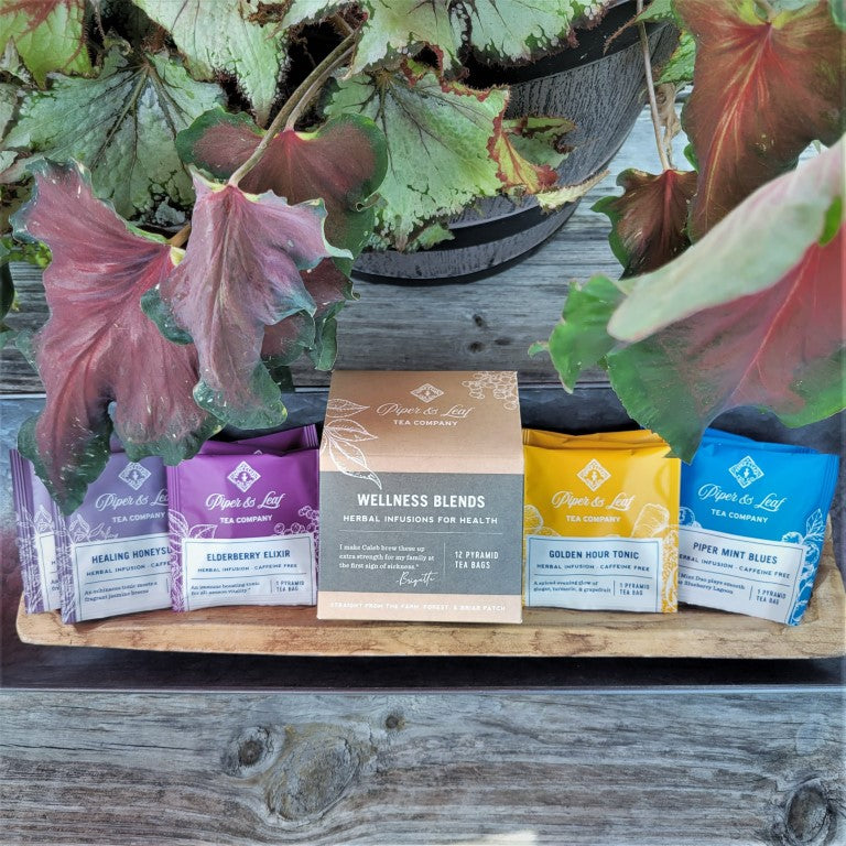 Five boxes of Piper & Leaf Tea Co.'s Wellness Blends, each containing 12 tea bags, are arranged on a wooden surface, set against a backdrop of leaves. These blends feature flavors such as ginger, honeybush, elderberry, turmeric, and peppermint infusions.