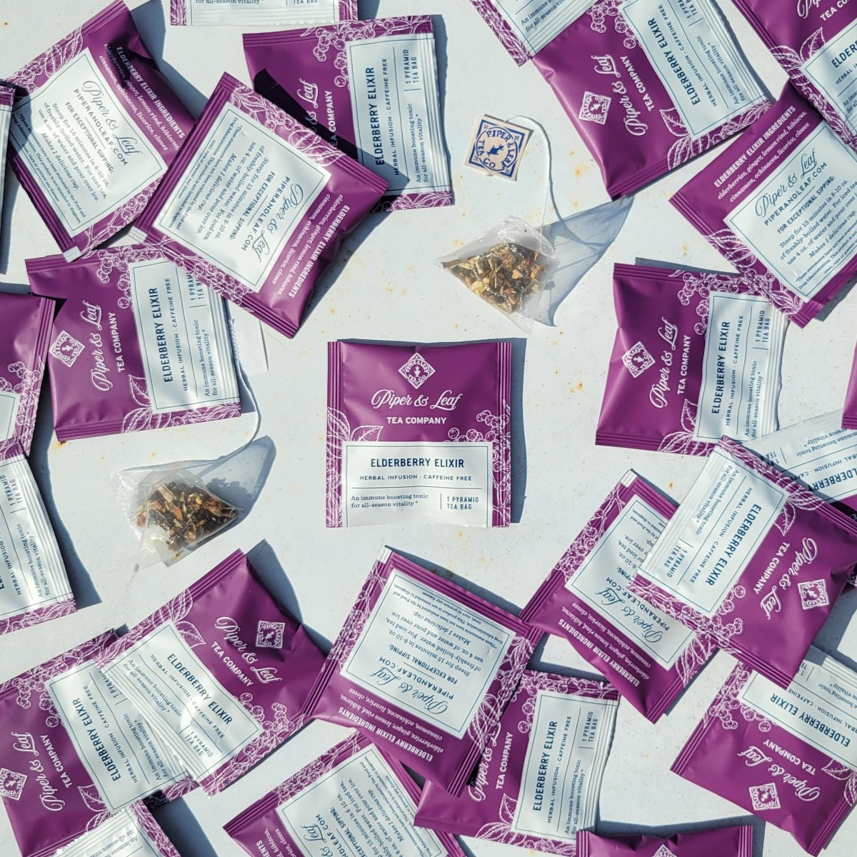Elderberry Elixir individually wrapped tea bags askew