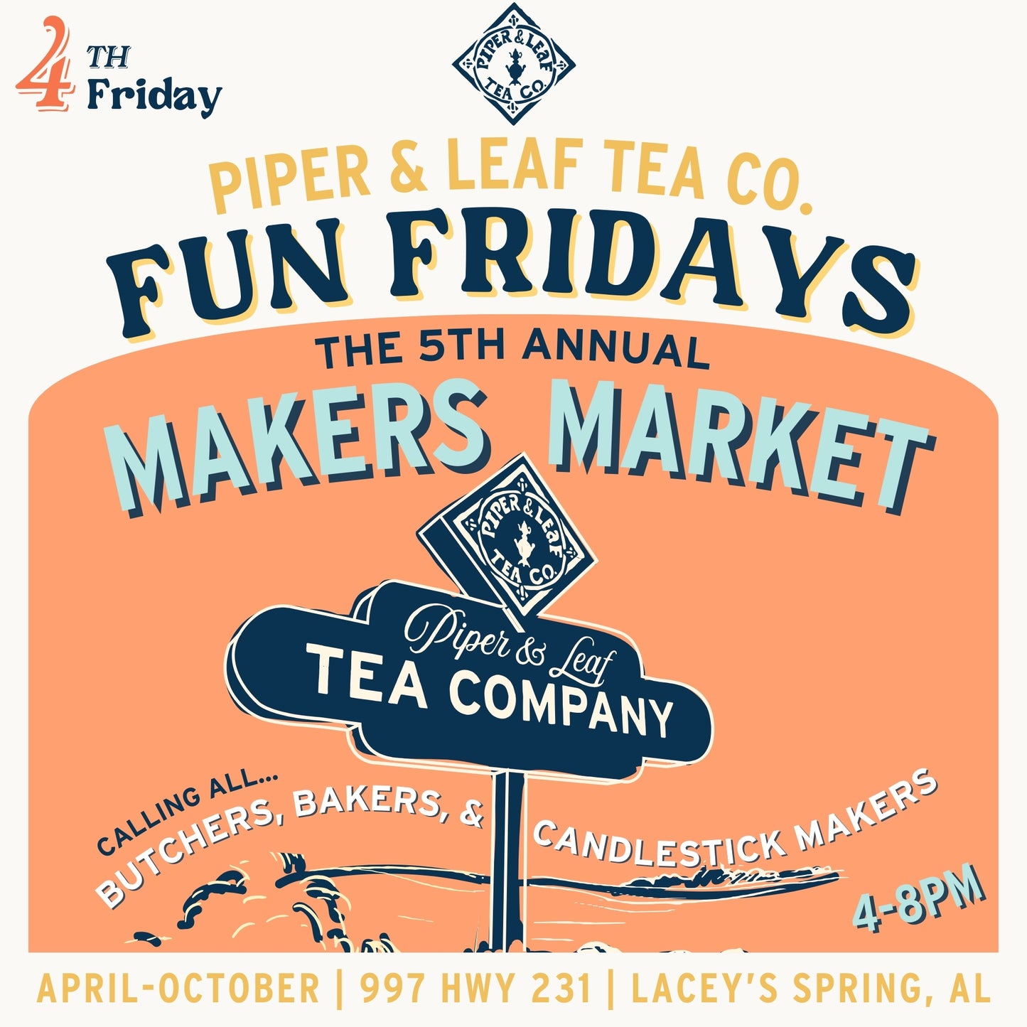 Apply now to be a vendor at Piper and Leaf Tea Co.'s 5th Annual Maker's Market, showcasing top-notch butchers, bakers, and candlestick makers. Participate in this vibrant event from April-October, every Friday 4-8 PM in Lacey's Spring, AL. Secure your booth today!.