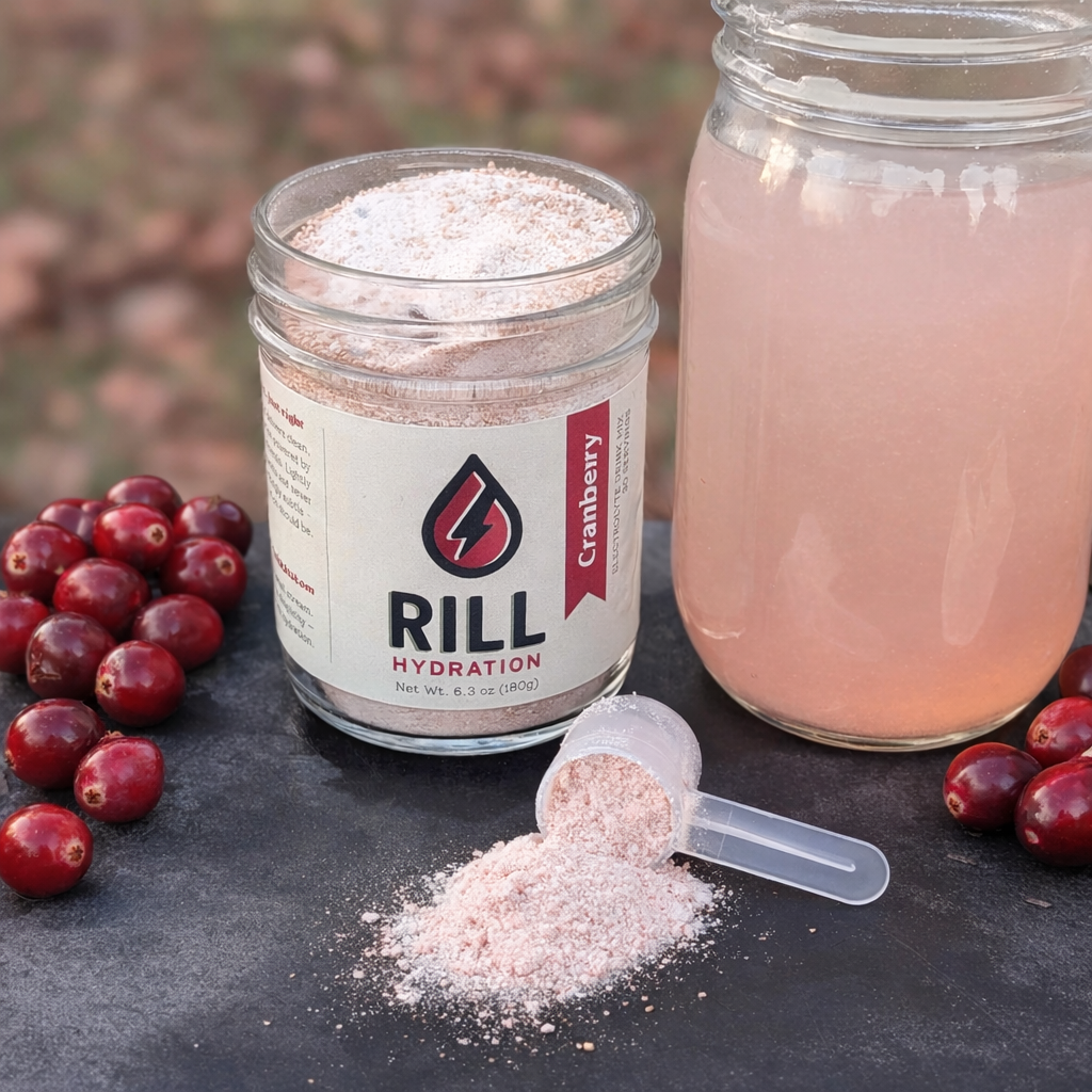 A jar of Rill Hydration's Cranberry Rill - Clean Hydration Drink Mix (30 Serving Bulk Jar) sits beside fresh cranberries, a filled scoop, and a mason jar with a vibrant cranberry electrolyte drink.