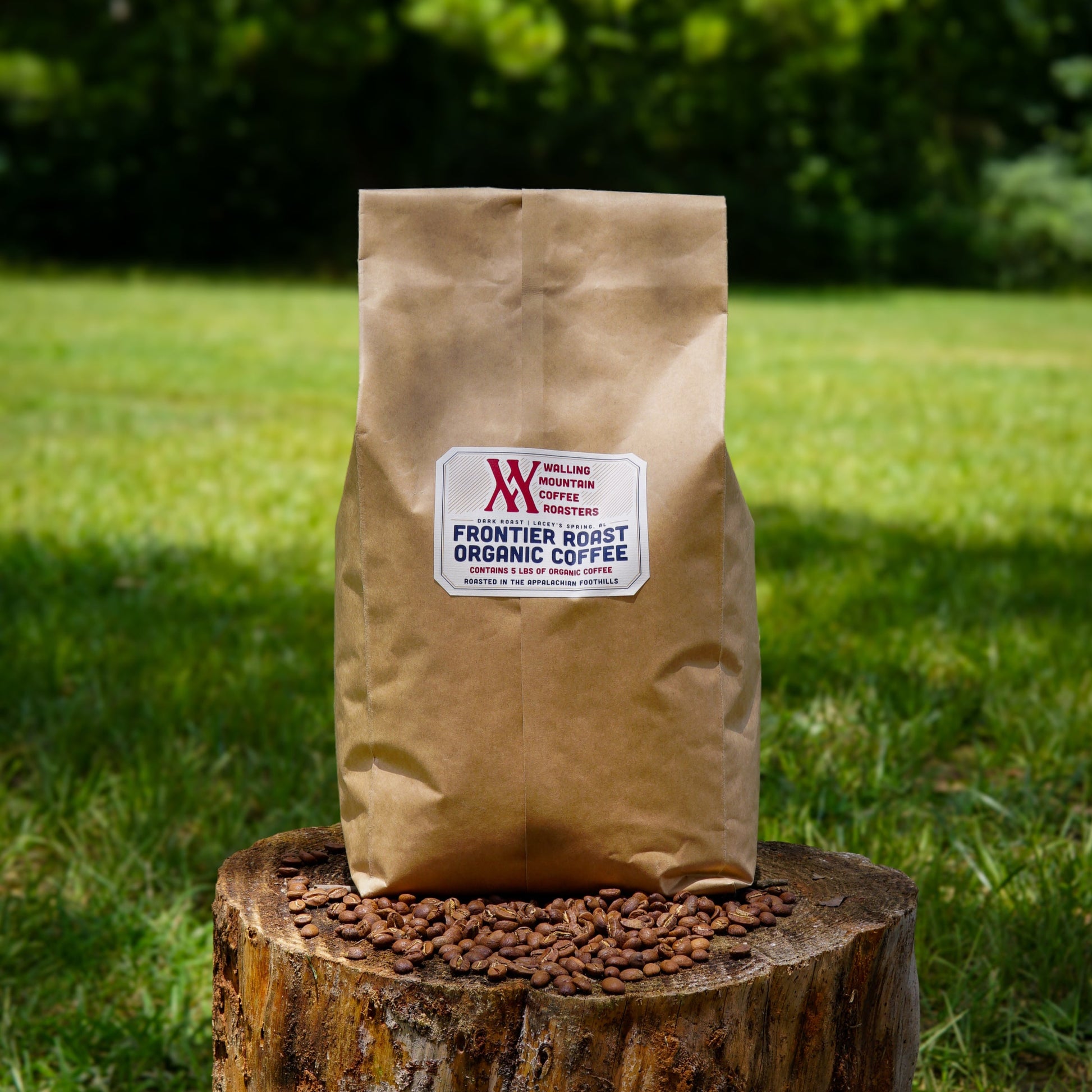A 5lb bag of Frontier Roast Organic Coffee by Walling Mtn. Coffee sits on a tree stump, surrounded by scattered coffee beans, with dark roast notes highlighted against a backdrop of grass and trees.