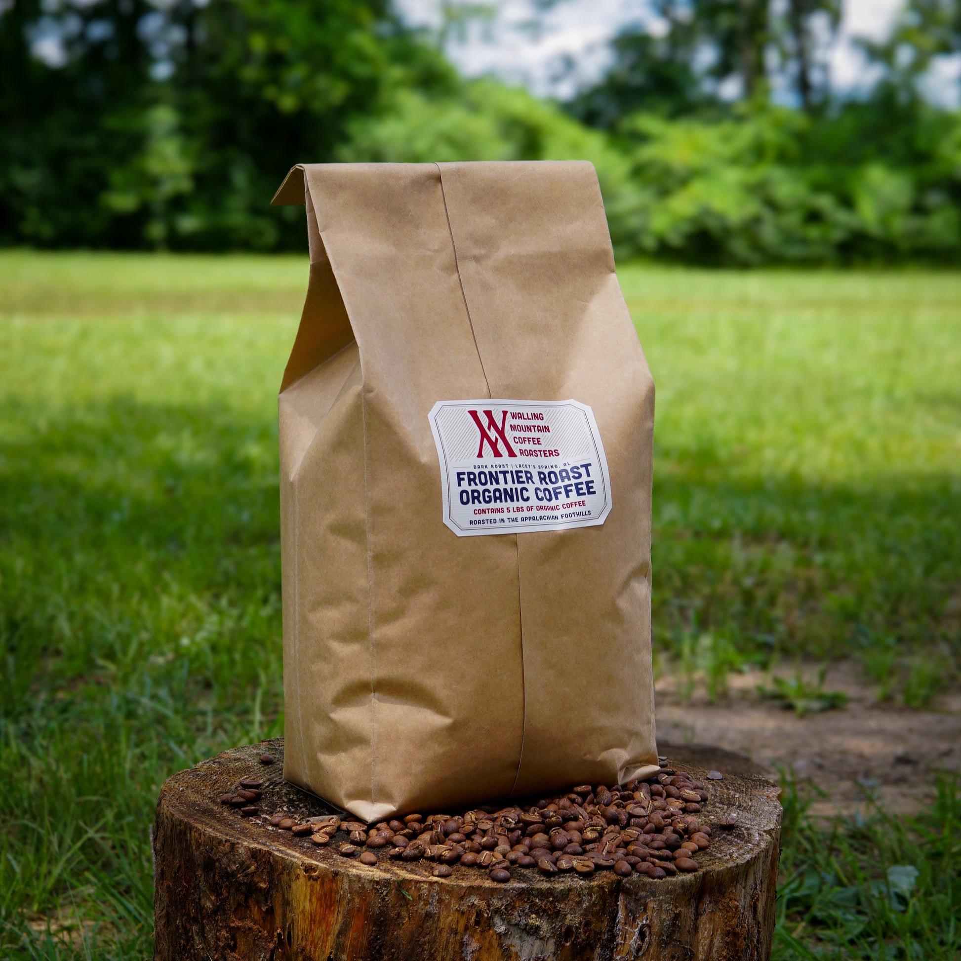 A 5lb bag of Frontier Roast Organic Coffee by Walling Mtn. Coffee rests on a tree stump amid coffee beans, showcasing its traditional roasting methods with grass and trees in the background.