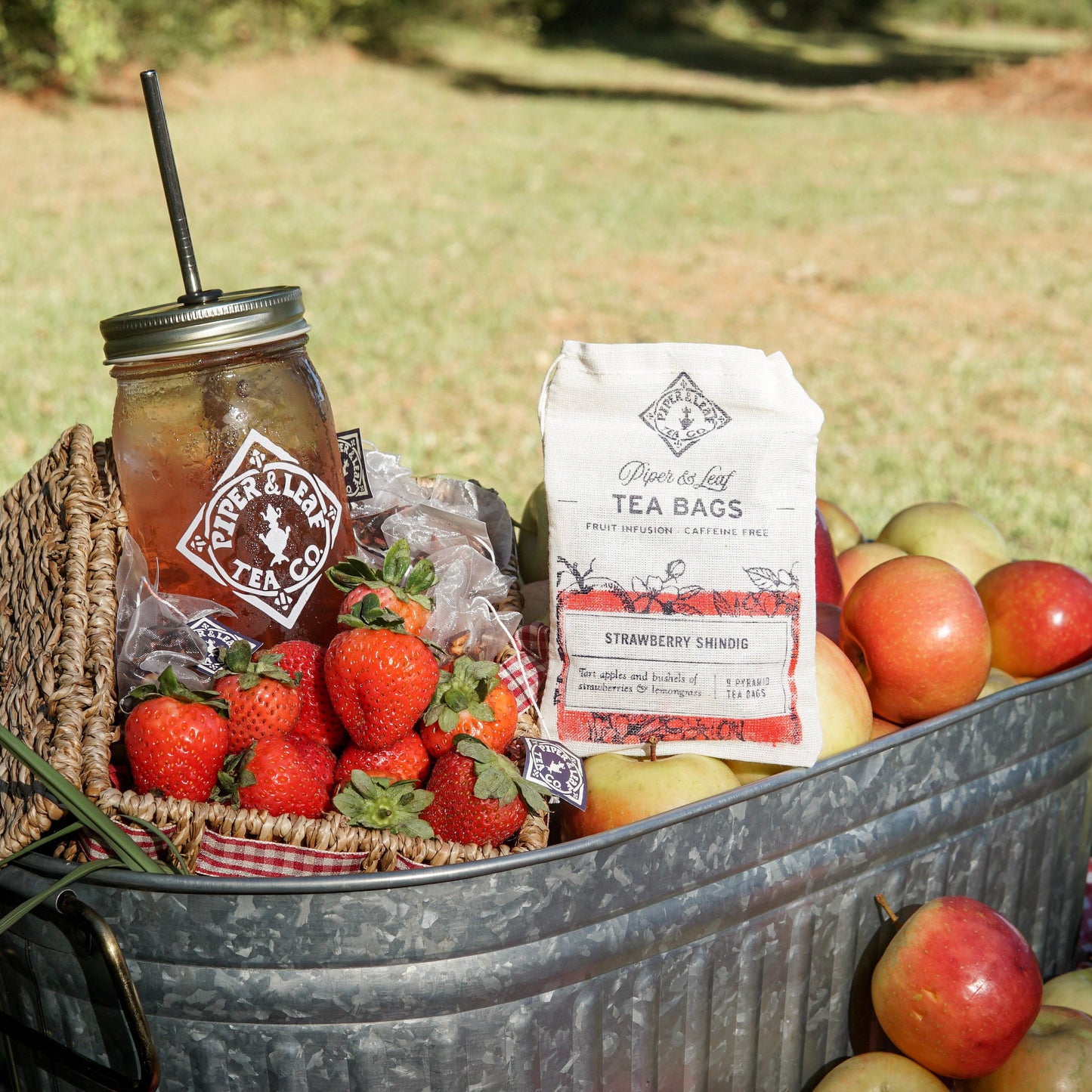 A metal tub with apples, strawberries, a mason jar of iced tea, and a bag of Piper & Leaf Tea Co. Strawberry Shindig 9ct Tea Bags in Muslin sits on the grass outdoors.