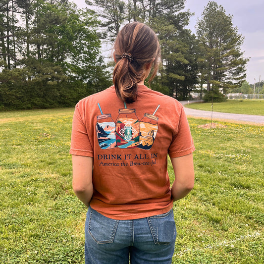 A person stands on grass, facing away, wearing the Piper & Leaf Tea Co. 'Drink It All In' Adventure Shirt with illustrated iced drinks and the phrase "America the Brew-tea-ful.