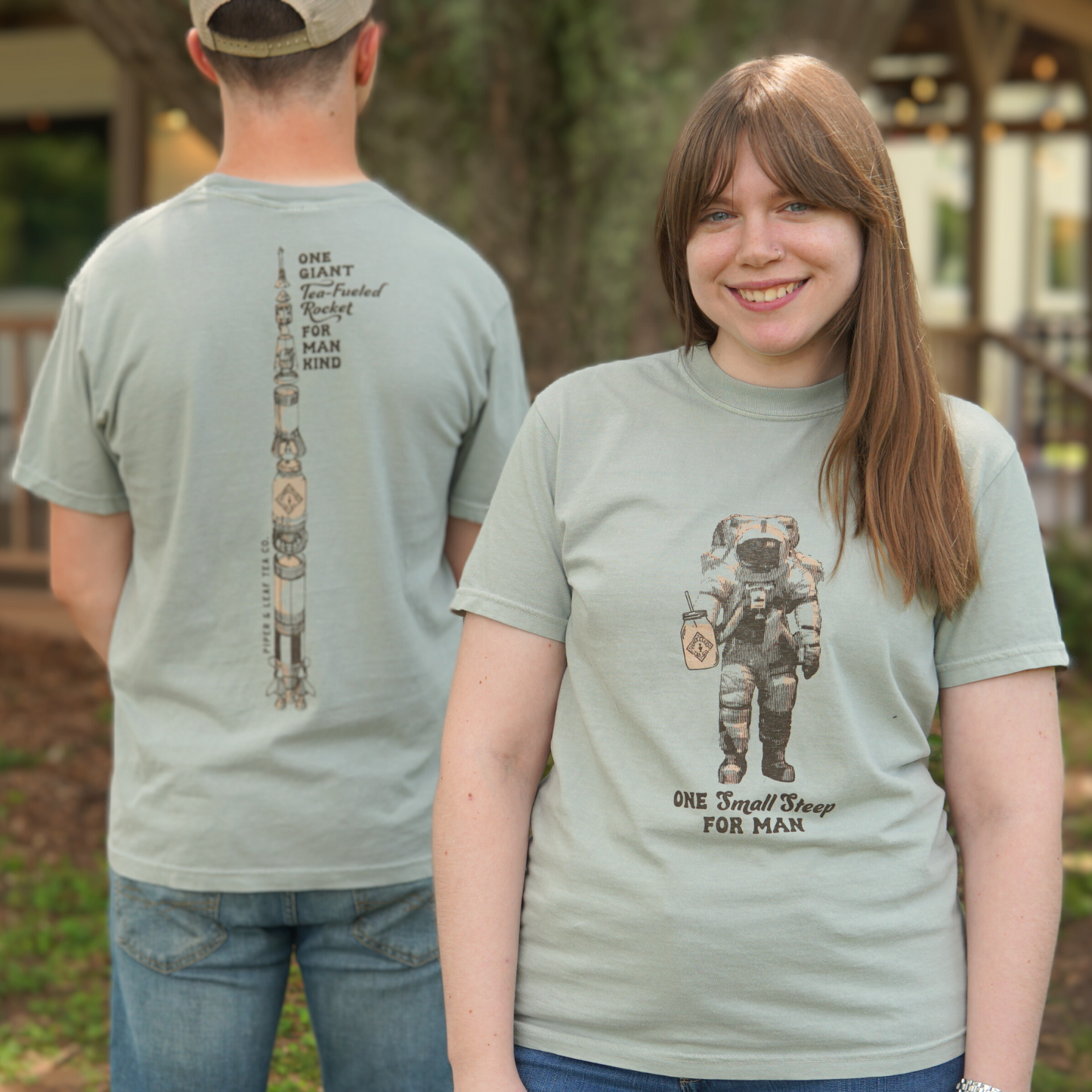 Daniel and Kira sporting Piper & Leaf's new Retro Spaceman Tee