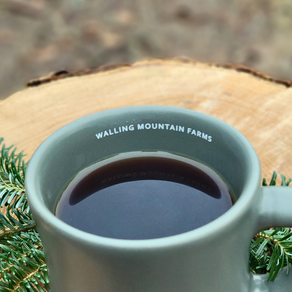 Walling Mountain Farms printed on the inside of the sage green mug