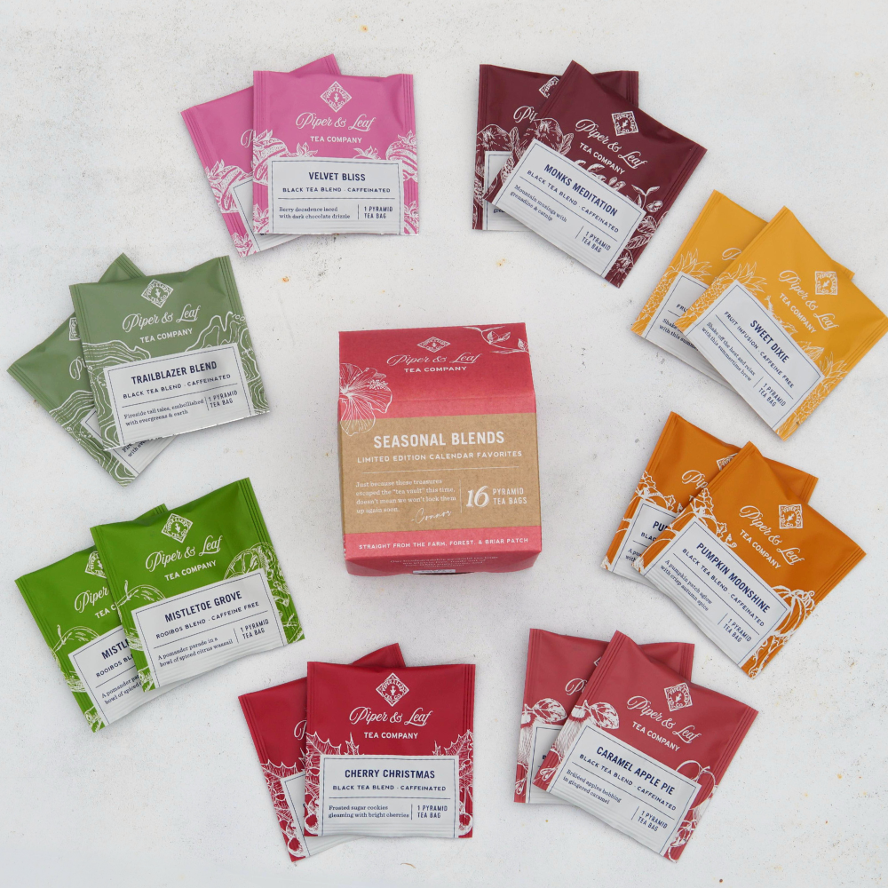 A collection of Piper & Leaf Tea Co. packets, showcasing the Seasonal Blends Box with 16 tea bags, is displayed in a circle arranged by color around a box marked "Seasonal Blends.