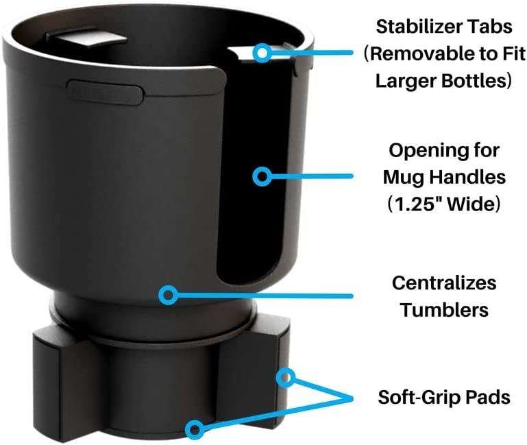 A black coffee mug with a description of its features and a Piper and Leaf Tea Co. Mason Jar Cup Holder Adapter - Keep Your Jar in the Car for convenient usage in cup holders.