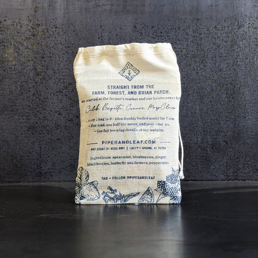 Back side of 9ct tea bag muslin with instructions and ingredients (Piper Mint Blues)