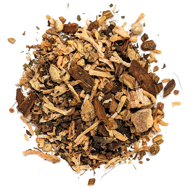 A pile of our Sweetie Pie Chai loose leaf showing the dehydrated sweet potatoes, ginger, cinnamon, and more