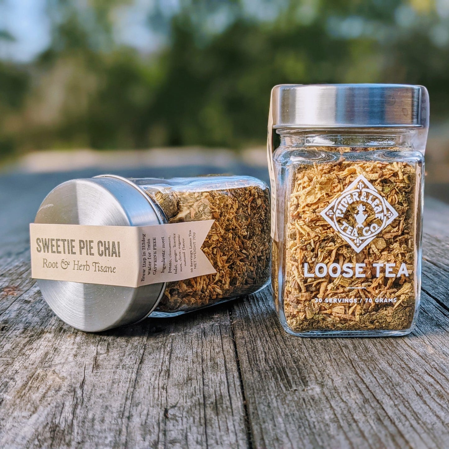 Two glass jars of loose leaf (Sweetie Pie Chai)