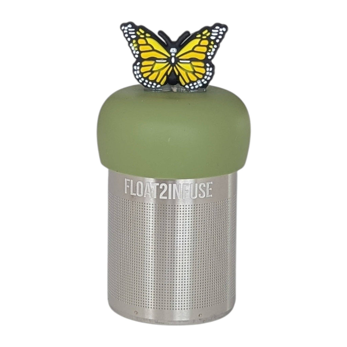 The Yellow Butterfly - Floating Tea Infuser by Float2infuse Tea Infuser features a metal loose leaf tea infuser with a green silicone lid, accented with a decorative yellow and black butterfly on top. “Float2infuse” is printed on the side, making this charming and functional tea accessory perfect for any tea lover.