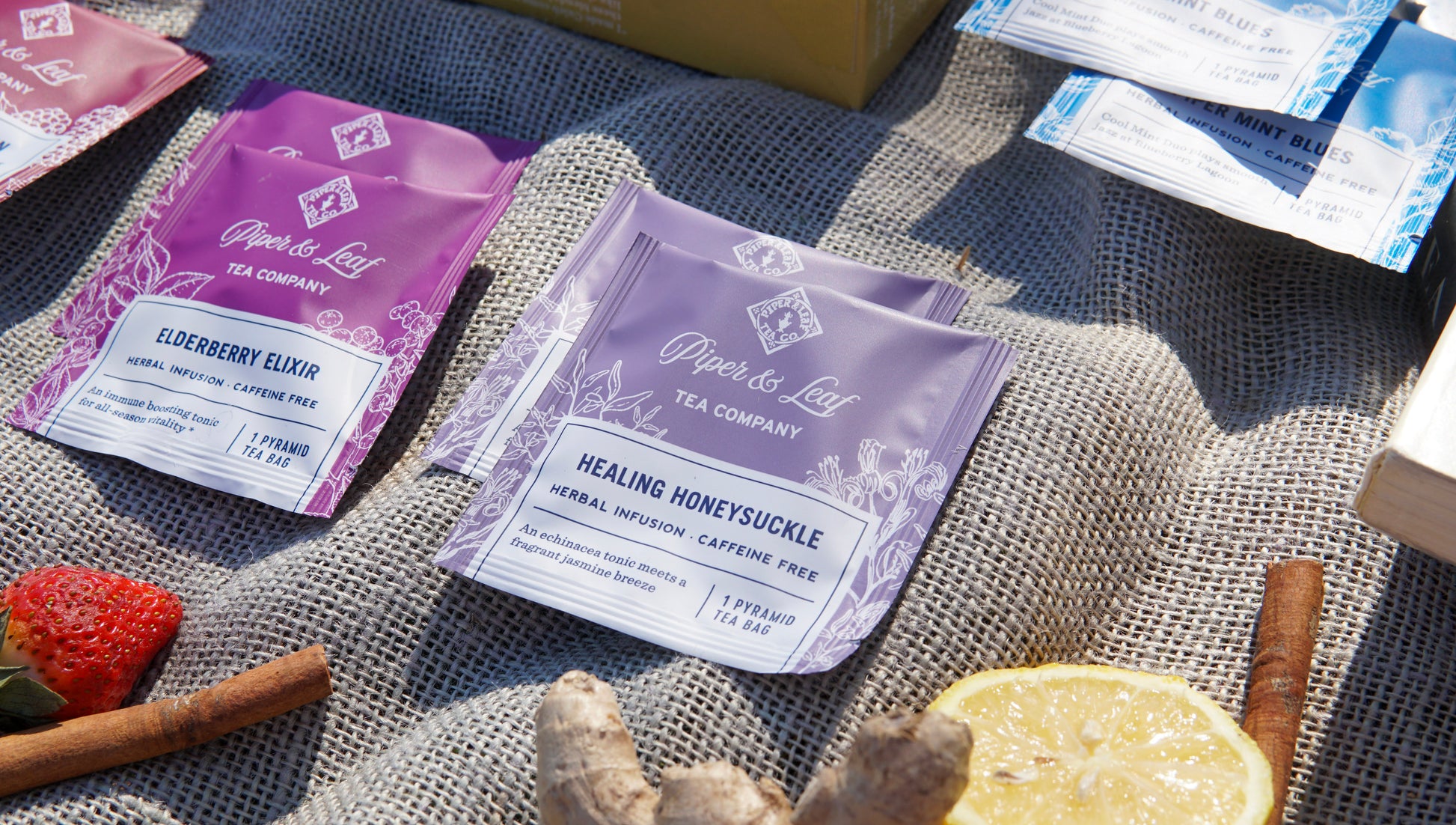 Piper & Leaf Tea Co.’s Caffeine Free Sampler—Box of 16 Tea Bags—features flavors like Elderberry Elixir and Healing Honeysuckle, perfect for a soothing tea tasting flight or relaxing herbal infusion experience.