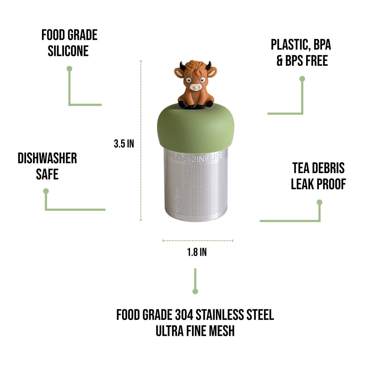 The Float2infuse Tea Infuser Baby Highland Cow - Floating Tea Infuser features a cow-shaped silicone lid, a stainless steel mesh body, and measures 3.5 by 1.8 inches; this loose-leaf tea accessory includes labeled details around the product for easy use.