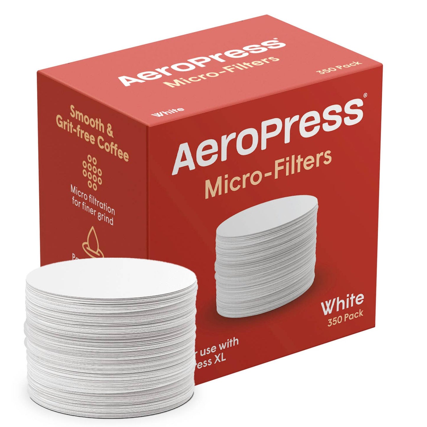 A stack of round white AeroPress Paper Micro-Filters is shown beside a red box labeled "AeroPress Paper Micro-Filters, 350 Pack.