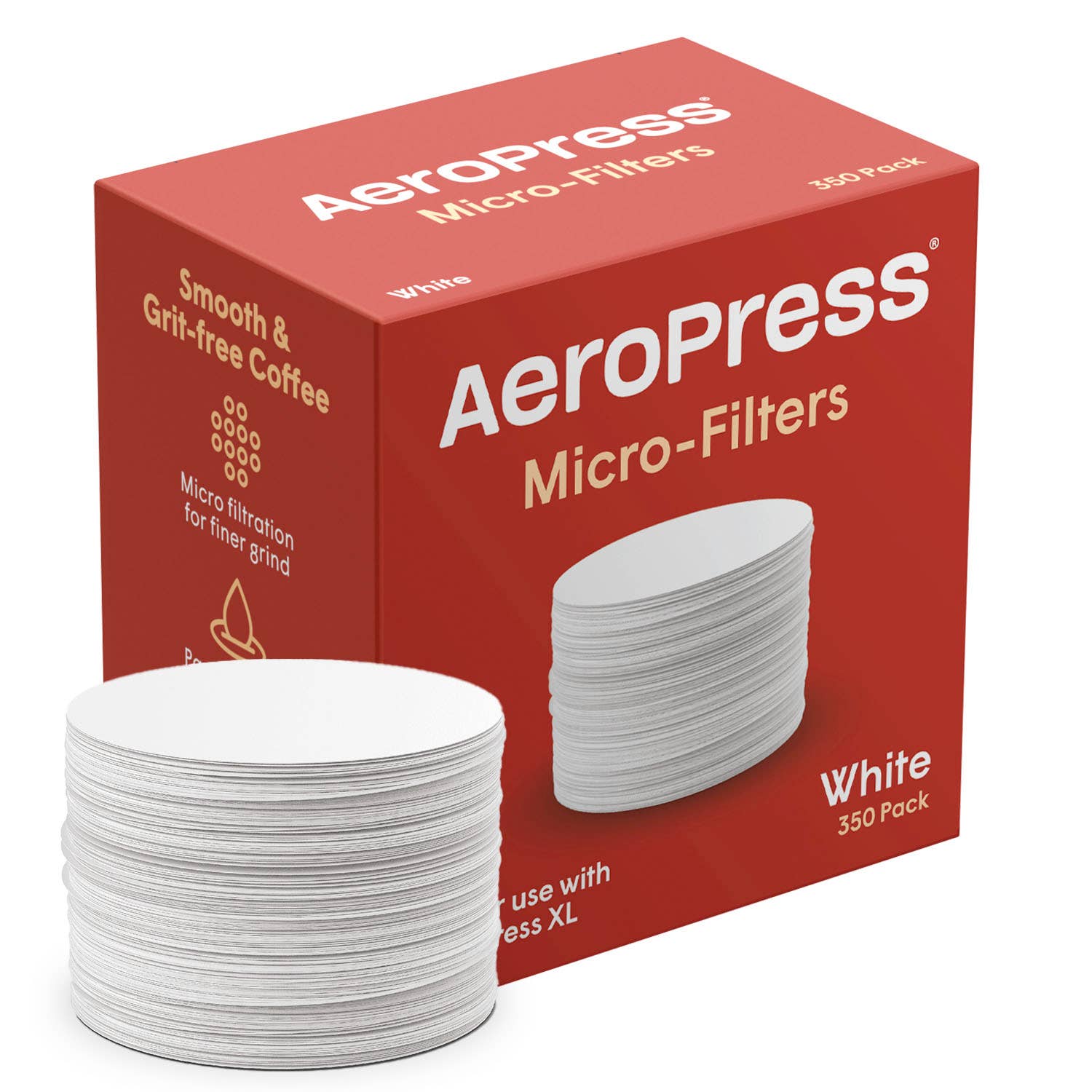 A stack of round white AeroPress Paper Micro-Filters is shown beside a red box labeled "AeroPress Paper Micro-Filters, 350 Pack.