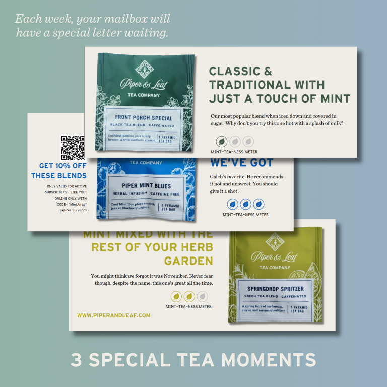 A collection of Piper & Leaf Tea Co's 3 Steeps a Week Subscription tea packets available through our subscription service.
