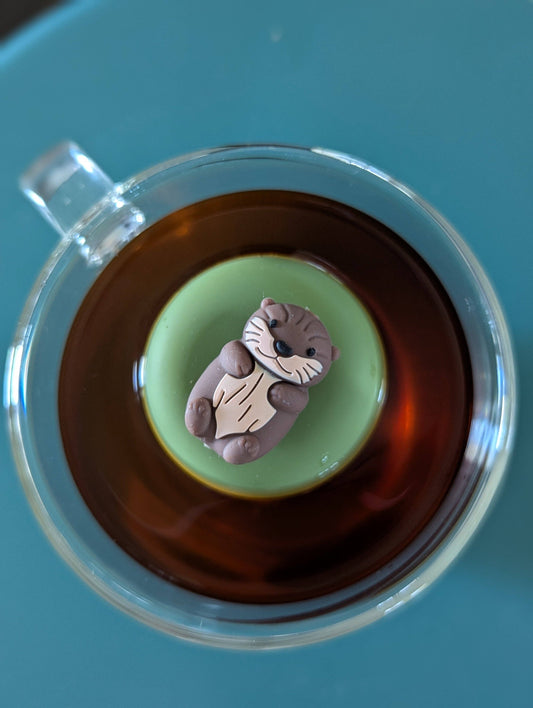 A clear glass cup filled with dark tea sits on a green coaster, topped with the Float2infuse Tea Infuser’s Otter - Floating Tea Infuser, all viewed from above against a teal background.