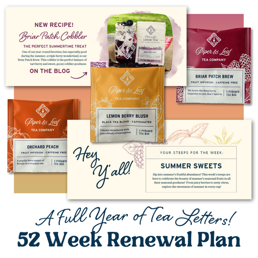 Collage of tea packaging and promotional material for Piper and Leaf Tea Co. highlighting their Three Steeps A Week - 52 Week Renewal plan, complete with flavors, new recipes, and blog updates.