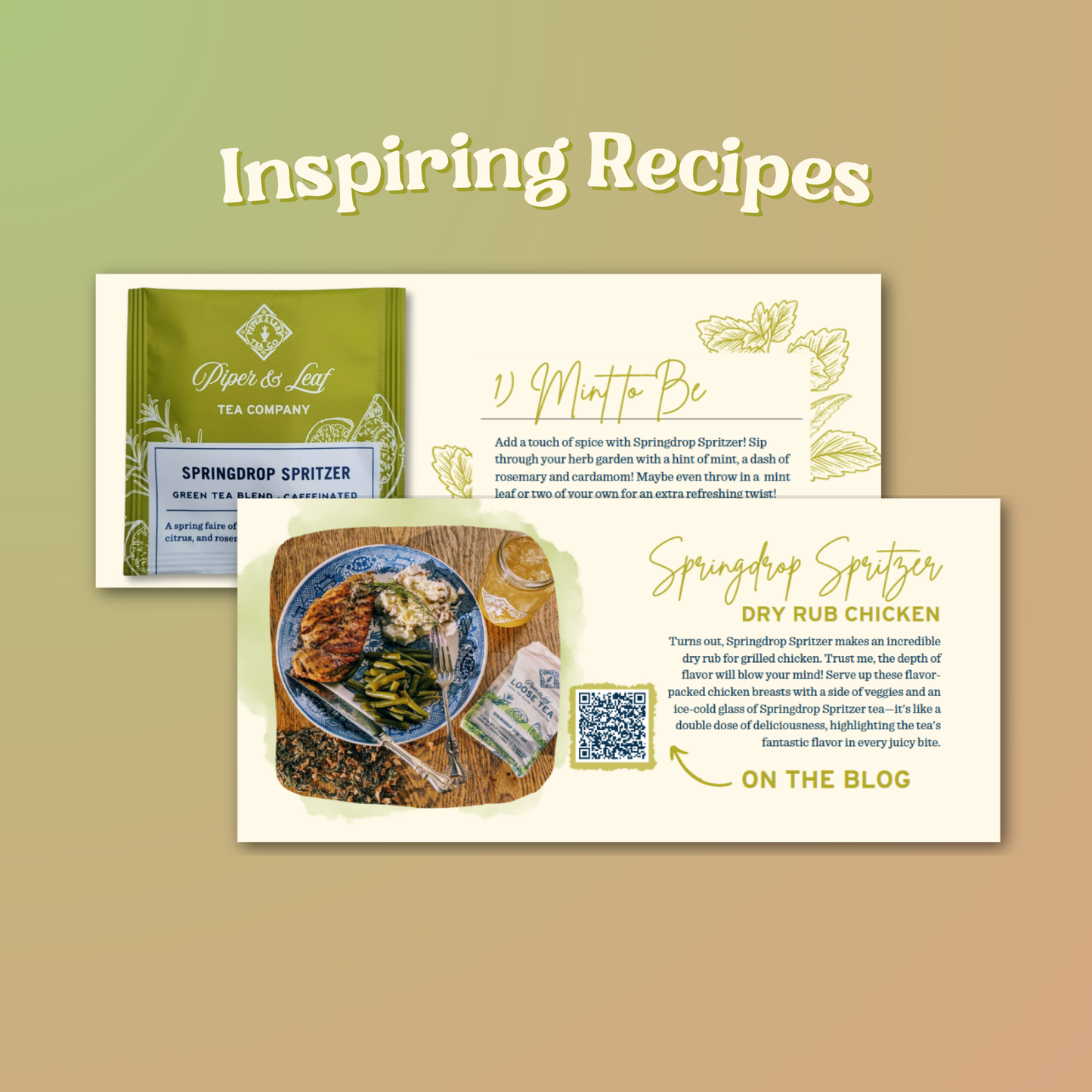 Explore a recipe card featuring a Springdrop Spritzer tea bag alongside a chicken and vegetable meal. Uncover inspiring recipes and delve into the world of tea with our carefully curated collection. Scan the QR code for further details and subscribe to Piper and Leaf Tea Co.'s Three Steeps A Week - 52 Week Renewal for endless inspiration.