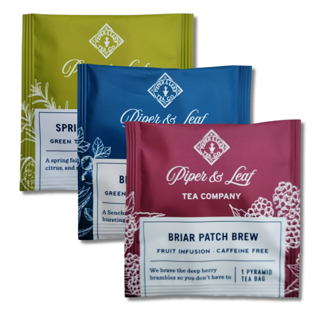 Embark on a tea-tasting journey with Piper and Leaf Tea Co.'s Three Steeps A Week - 52 Week Renewal. Enjoy the vibrant flavors of colorful blends like Briar Patch Brew, Spring Fling, and Briar Patch, each artfully presented with floral designs. Ideal for those who love variety, these teas promise an exciting taste adventure.