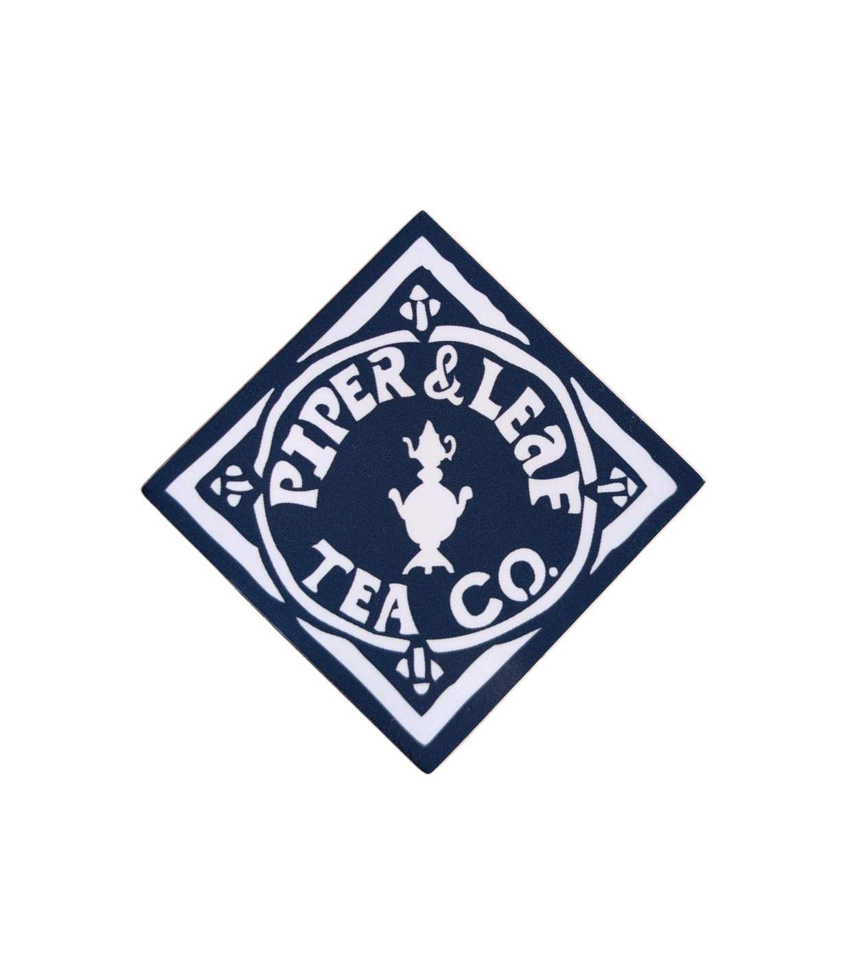 The P&L Sticker by Stand Out Stickers features a navy blue diamond logo with white "Piper & Leaf Tea Co." text and a central teapot, ideal for vinyl and other trendy sticker styles.