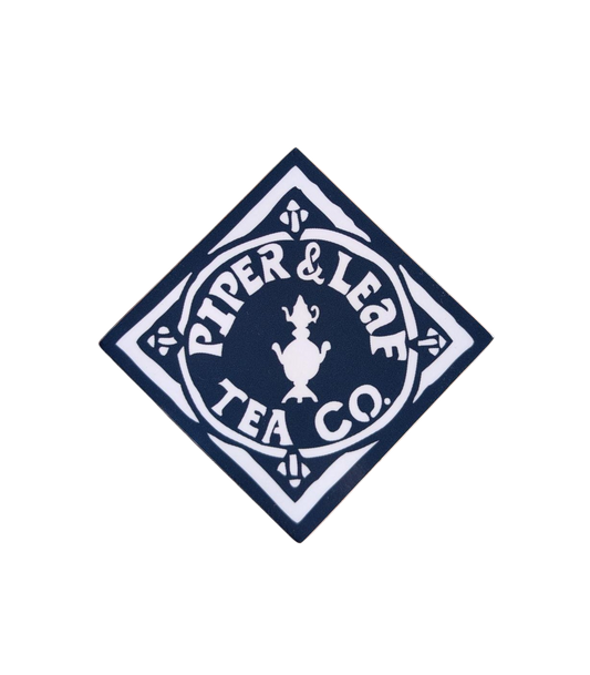 The P&L Sticker by Stand Out Stickers features a navy blue diamond logo with white "Piper & Leaf Tea Co." text and a central teapot, ideal for vinyl and other trendy sticker styles.