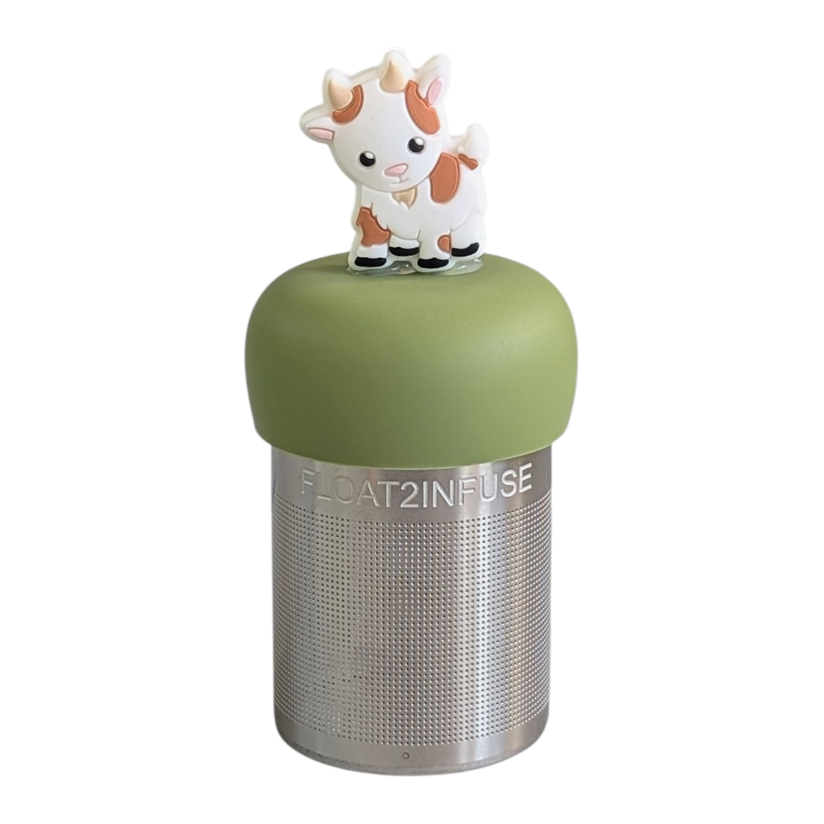 The Float2infuse Tea Infuser “Baby Goat - Floating Tea Infuser” features a metal body with a green silicone top and is adorned with an adorable cartoon-style goat figure on the lid, making it a charming floating tea accessory for steeping your favorite loose-leaf blends.