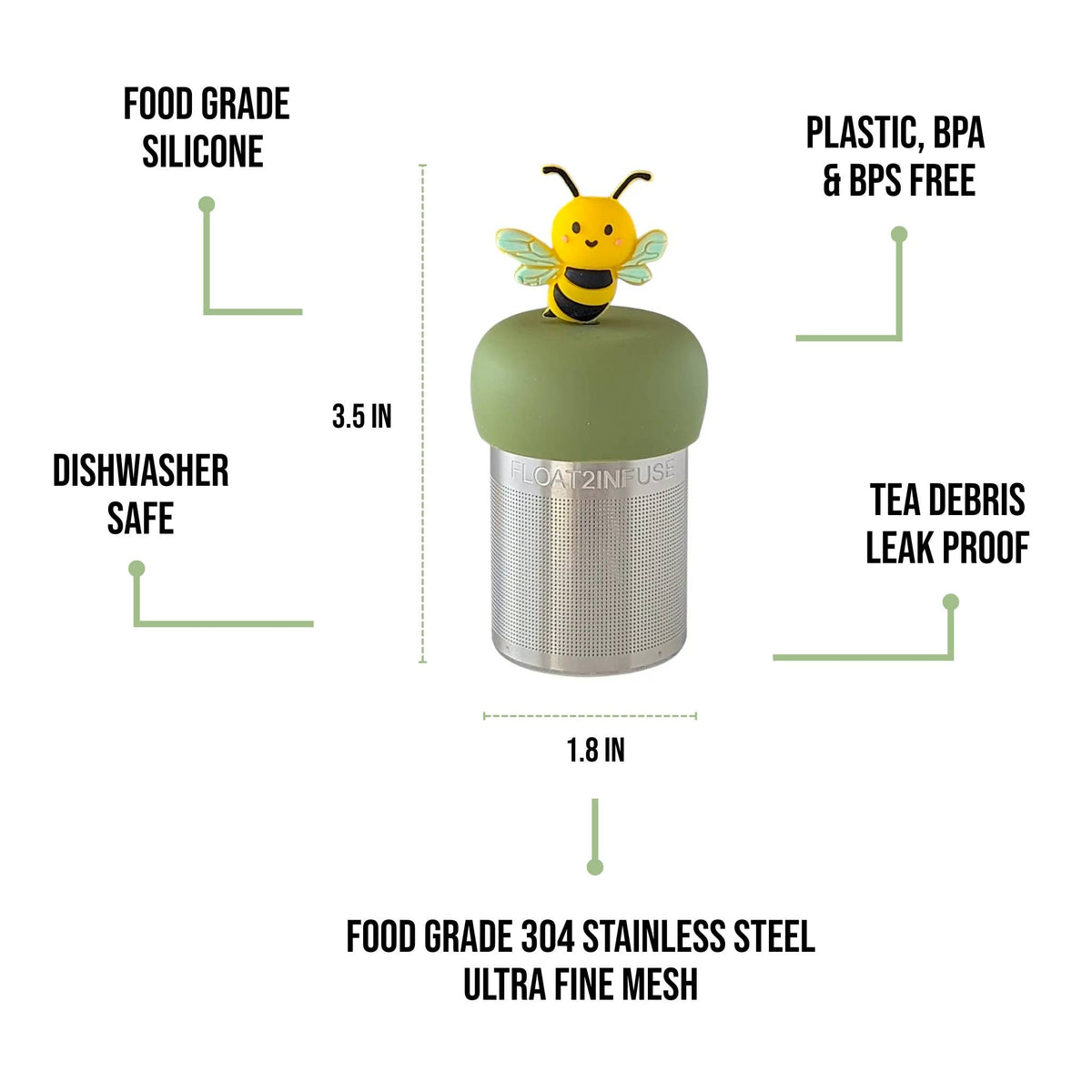 Introducing the Bumble Bee - Floating Tea Infuser from Float2infuse Tea Infuser, a charming tea accessory featuring a whimsical bee topper, vibrant green silicone lid, and durable stainless steel mesh body. Labeled as silicone, BPA-free, dishwasher-safe, leak-proof, and made with food-grade stainless steel—it’s the perfect loose-leaf tea steeper for enjoying your favorite blends.