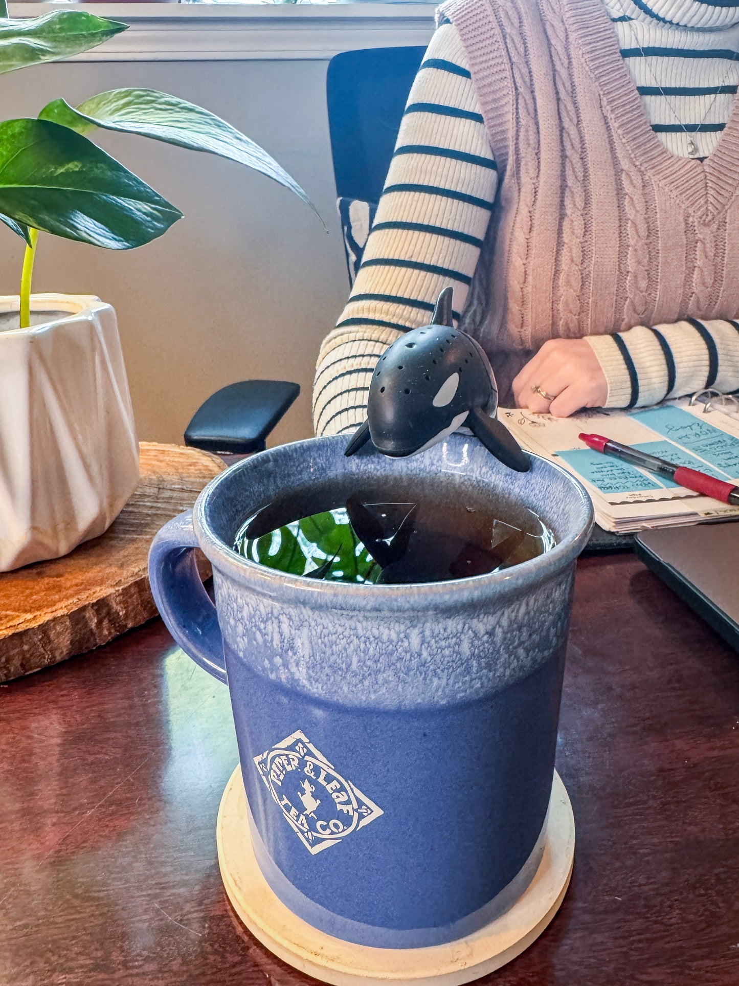 A person sits at a desk with an open notebook and pen beside a large blue mug of loose-leaf tea, featuring the Piper & Leaf Tea Co. Steep Dive Infuser—an orca-shaped accessory—resting on its rim.