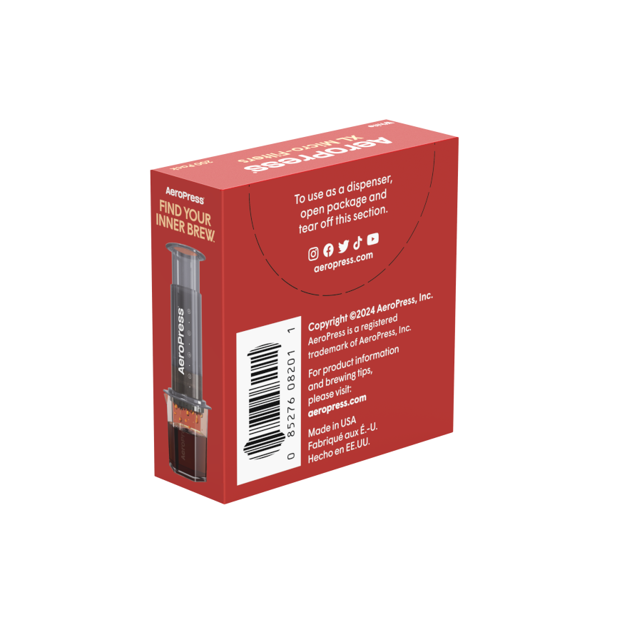 The red AeroPress box features dispenser opening instructions, a coffee press image, and details about AeroPress Paper Micro-Filters - XL by AeroPress printed on the back.