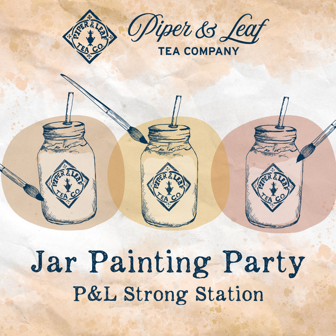 An illustrated brush painting three mason jars with “Jar Painting Party” and “Piper and Leaf Tea Co.” text below, representing Madison, AL craft supplies.