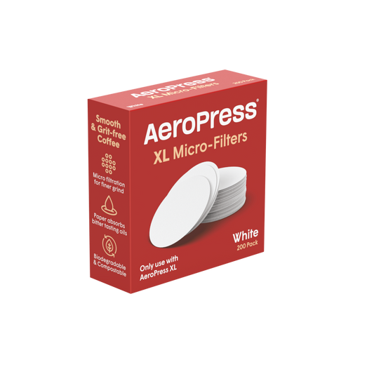 The AeroPress Paper Micro-Filters - XL by AeroPress come in a red box with 200 white round filters, designed to deliver smooth coffee in every brew.
