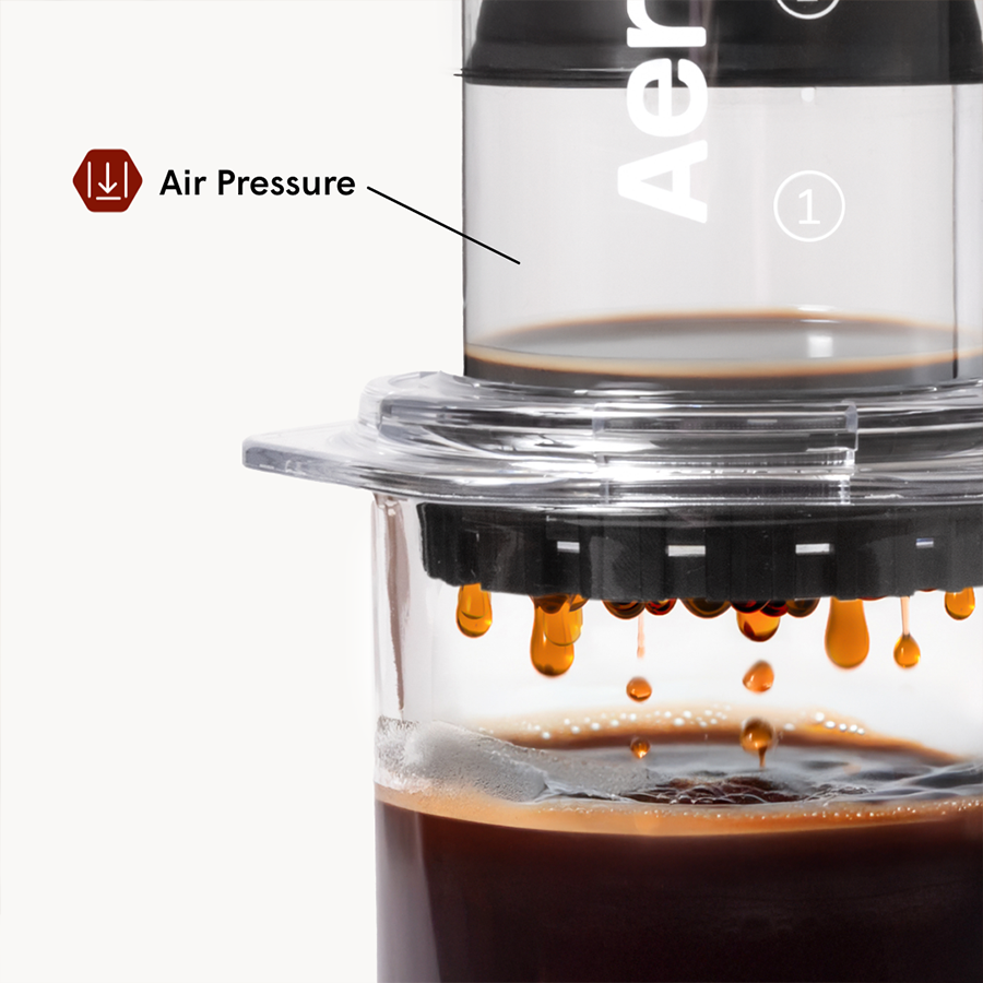 Close-up of the AeroPress Clear Coffee Press 2 Min Portable Brew by AeroPress, featuring shatterproof Tritan design and 3-in-1 brewing technology for a superior, quick coffee experience.