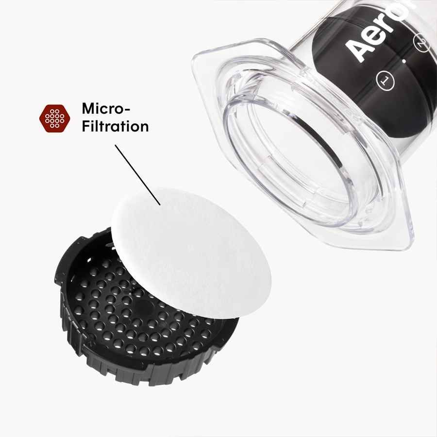 The AeroPress Clear Coffee Press 2 Min Portable Brew by AeroPress is shown with its shatterproof Tritan body, plastic filter cap, and circular paper micro-filter labeled for micro-filtration.