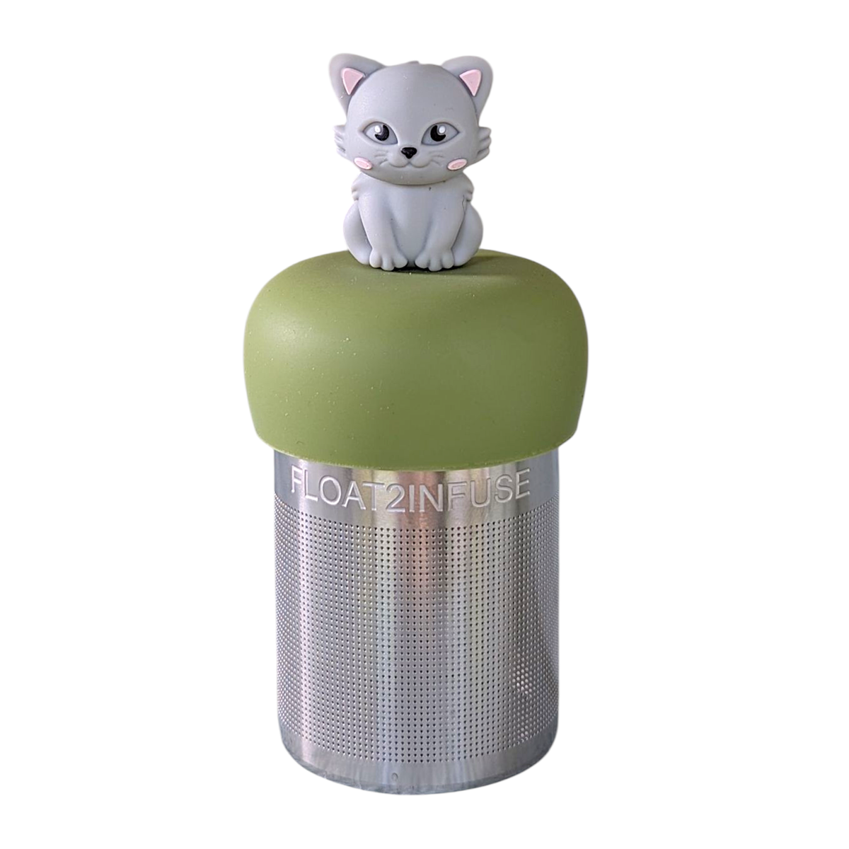 The Grey Cat - Floating Tea Infuser by Float2infuse Tea Infuser features a green silicone lid topped with a small gray cat figurine. This charming loose-leaf accessory, emblazoned with “FLOAT2INFUSE” on its body, brings playful style to your tea routine.