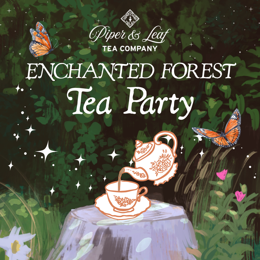 Whimsical teapot illustration pouring tea into a cup on a tree stump, with butterflies and greenery. "Enchanted Forest Tea Party" by Piper and Leaf Tea Co.—a magical setting for your next enchanted event.