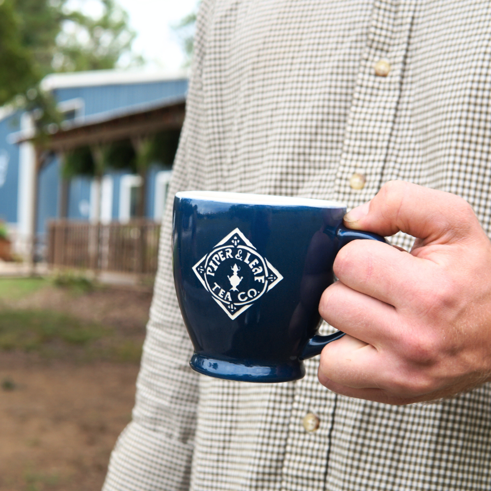 A person holds a gloss blue 12oz Sand Carved Logo Mug by Piper & Leaf Tea Co., standing outside near a blue building. The ceramic design, showcasing an intricately crafted sand carved diamond logo, adds an artistic touch to the scene.