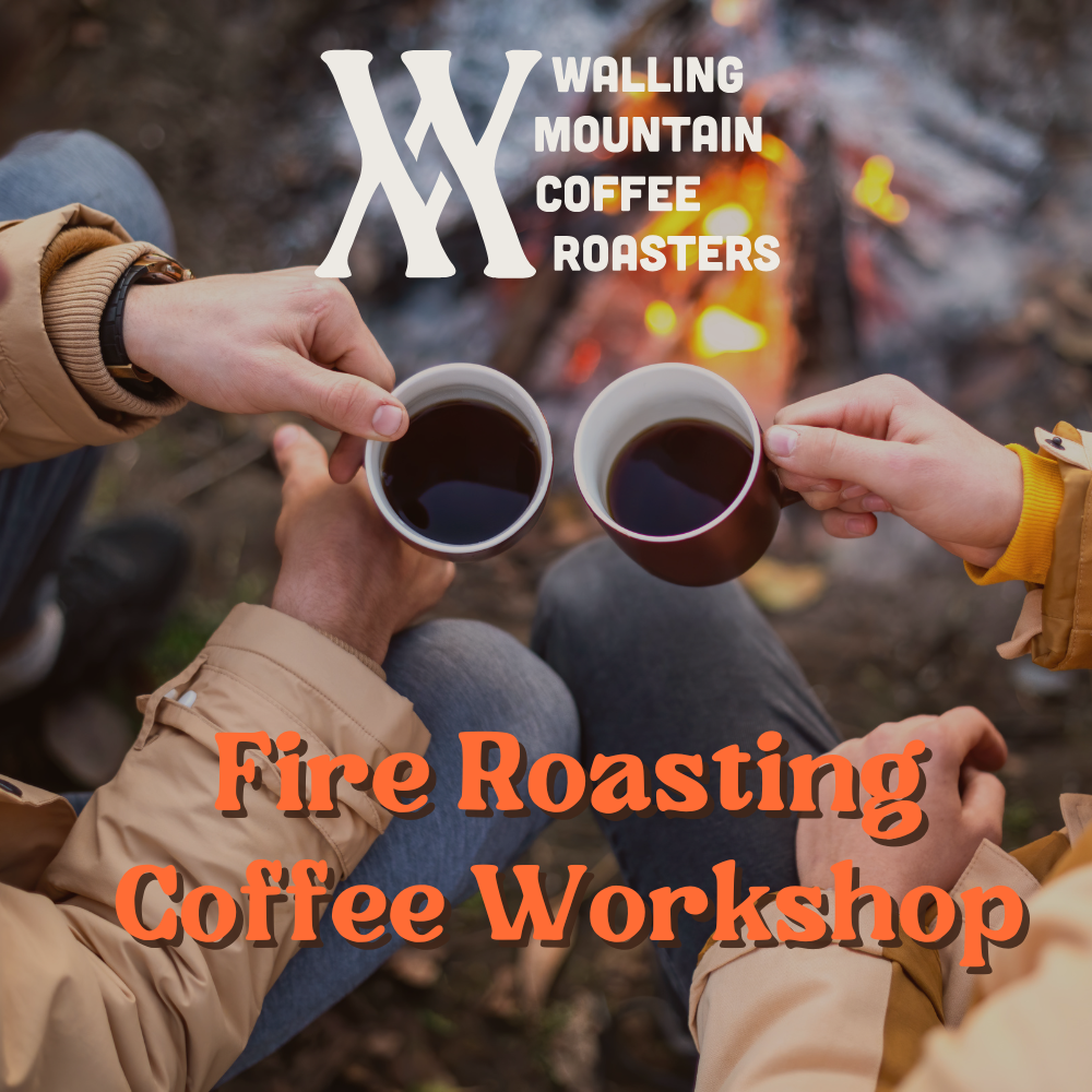 Two people with coffee mugs sit by a campfire. Text: "Piper and Leaf Tea Co." and "Fire Roasted Coffee Workshop"—enjoy hands-on, traditional coffee roasting in Huntsville, AL.