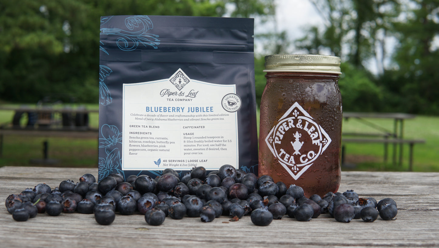 Enjoy Piper and Leaf Tea Co.’s Blueberry Jubilee 40 Serving Loose Leaf—a refreshing, limited edition tea blend—perfect with iced tea and fresh blueberries on a sunny day outdoors.
