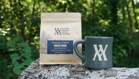 A 12oz Bag of Heritage Roast Coffee — Walling Mtn. and a mug rest on stone among greenery—ideal for enjoying premium Organic Colombian Coffee from Walling Mtn. Coffee.