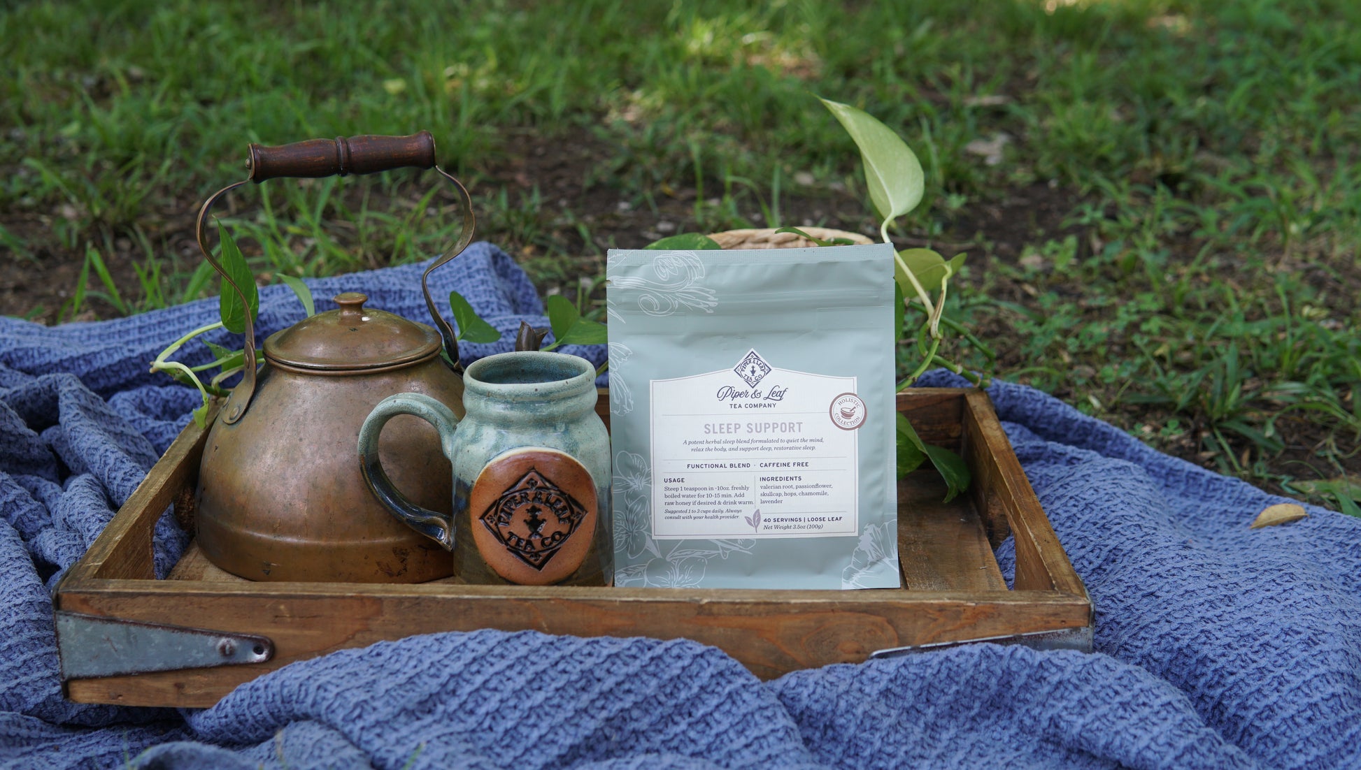A wooden tray on a blue blanket holds a copper teapot, a ceramic mug, and a Piper and Leaf Tea Co. Sleep Support - Holistic Collection package, set outdoors on the grass.