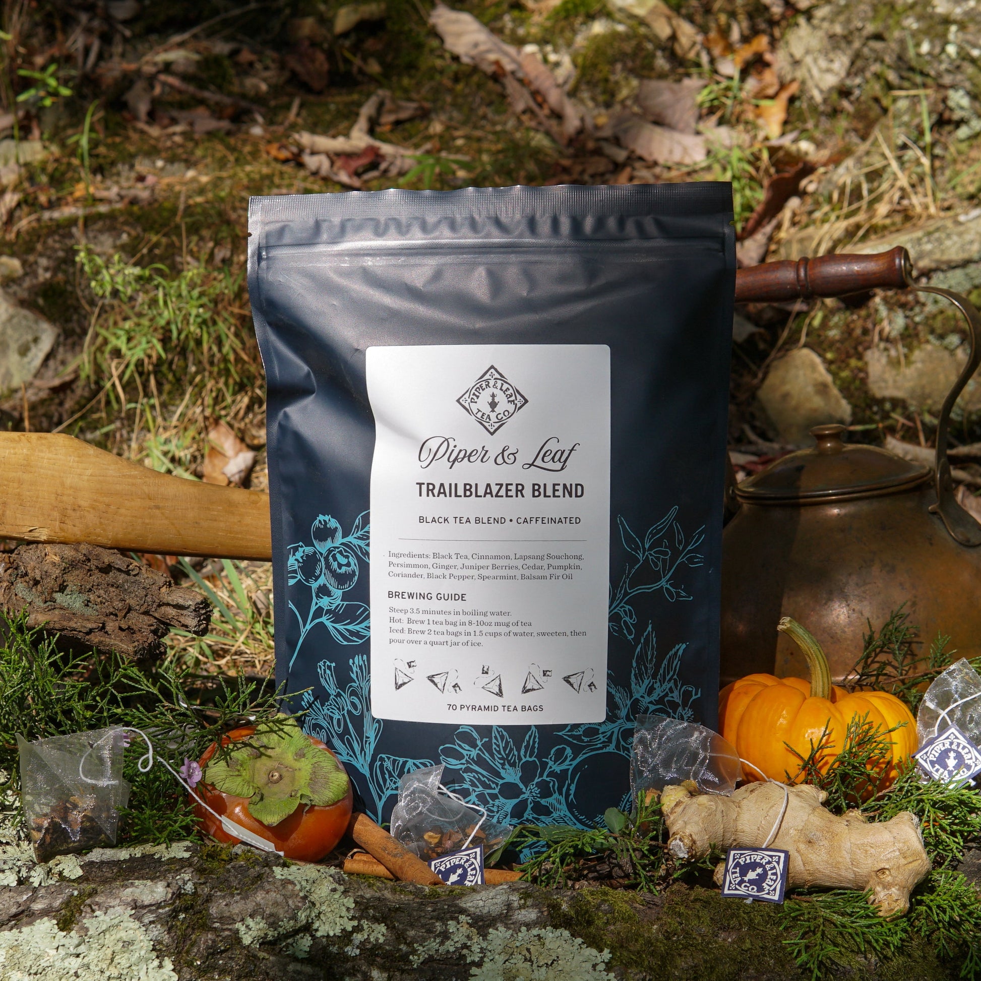 A box of Piper & Leaf Tea Co. Trailblazer Blend Bulk Sachets (70ct tea bags) is pictured outdoors with a pumpkin, persimmon, ginger root, a metal teapot, and loose leaves on mossy rocks.