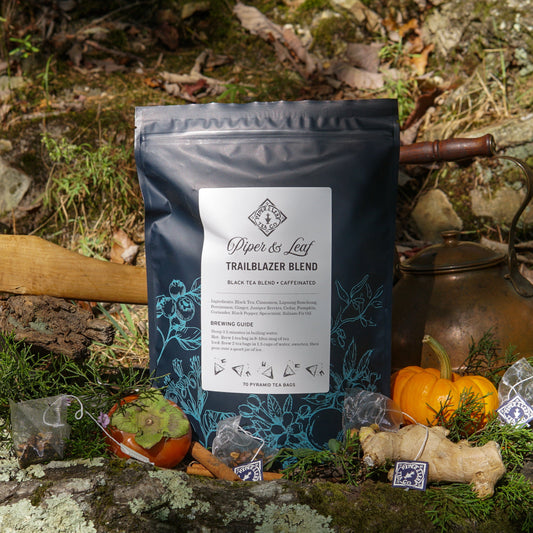 A box of Piper & Leaf Tea Co. Trailblazer Blend Bulk Sachets (70ct tea bags) is pictured outdoors with a pumpkin, persimmon, ginger root, a metal teapot, and loose leaves on mossy rocks.