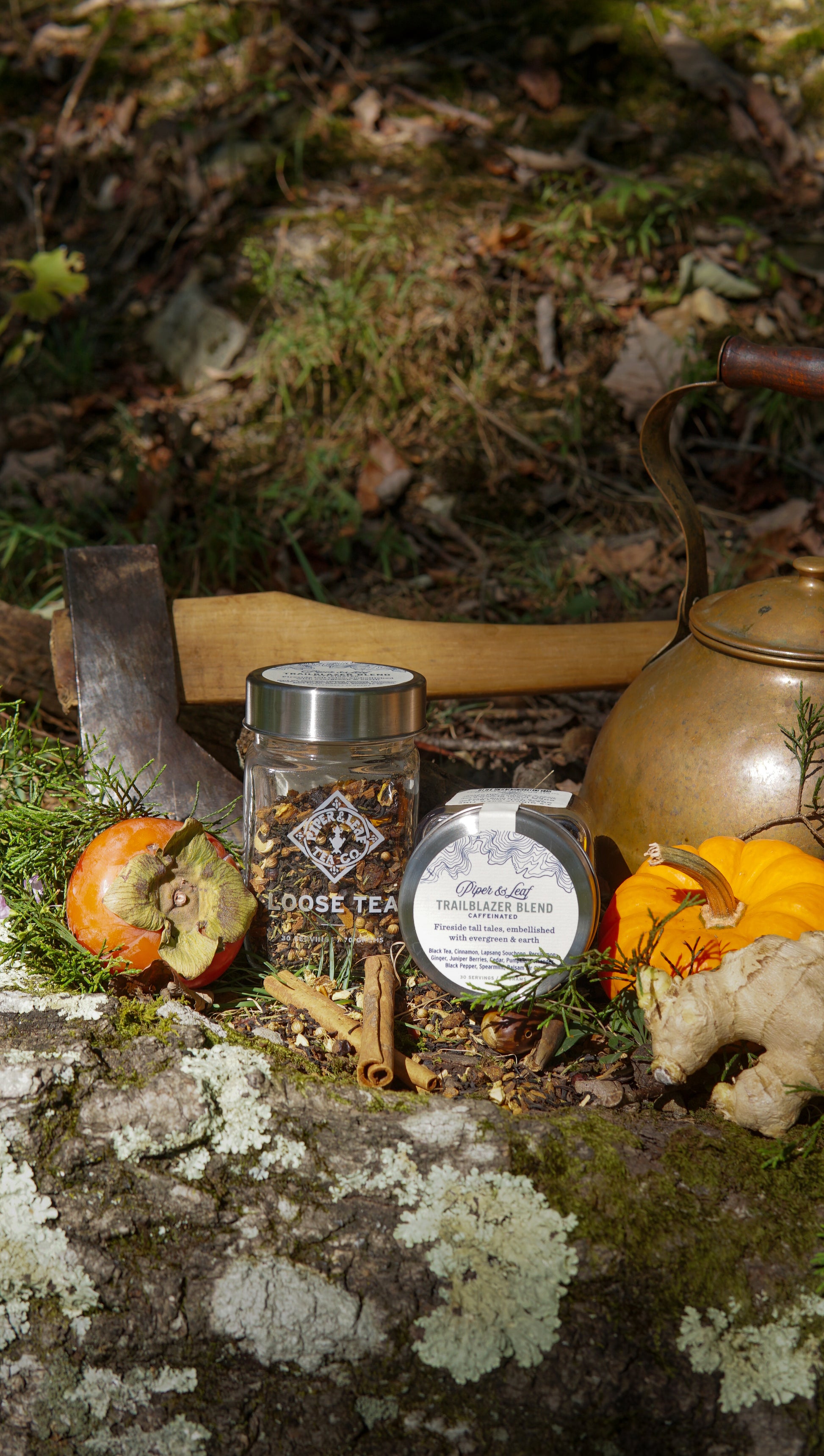 A Piper & Leaf Tea Co. Trailblazer Blend Glass Jar of Loose Leaf Tea (30 servings), plus a metal kettle, axe, and autumn produce like persimmon, pumpkin, and ginger are artfully arranged on a mossy log outdoors.