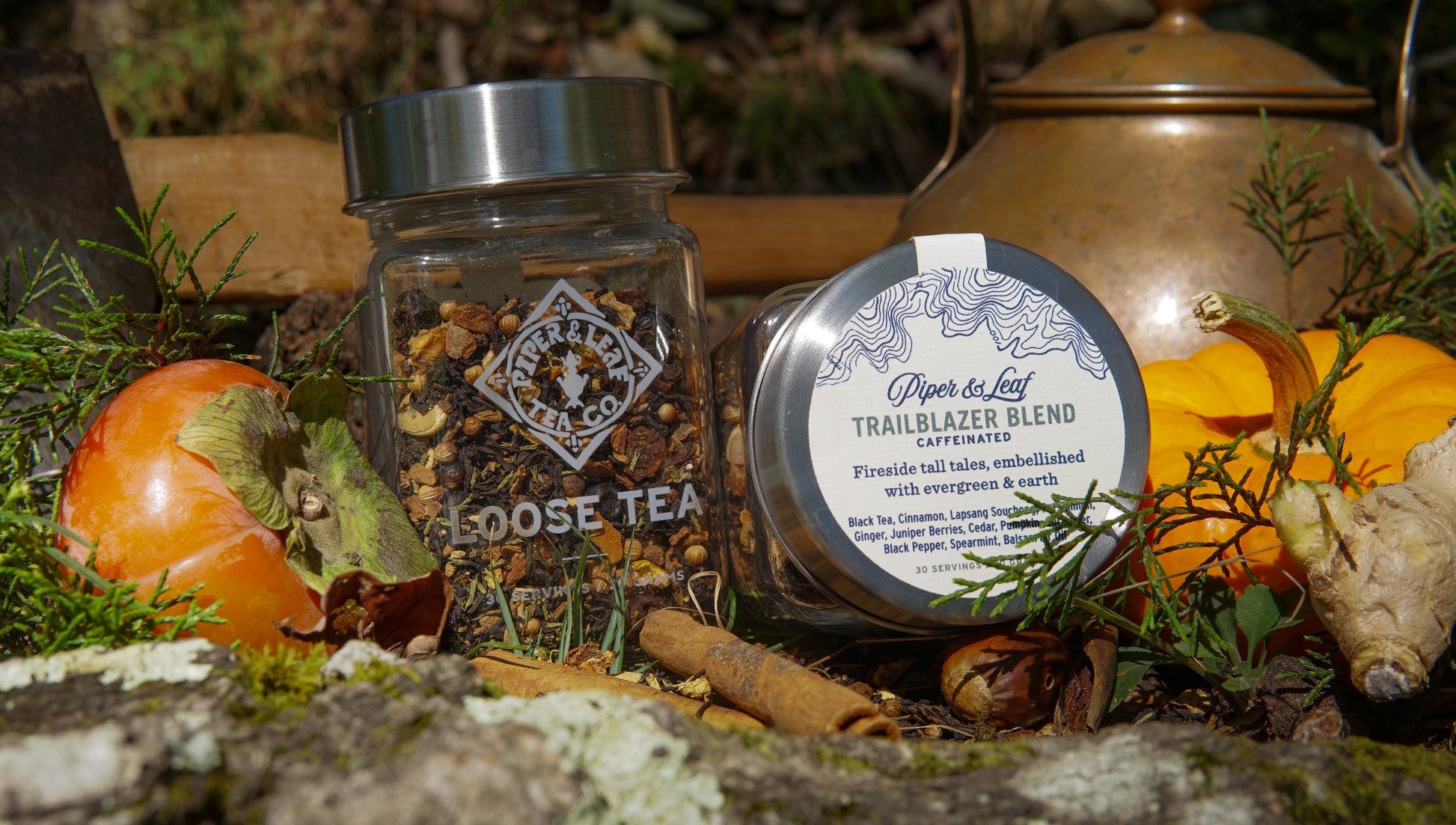 A Piper & Leaf Tea Co. Trailblazer Blend Glass Jar of Loose Leaf Tea (30 servings) sits outdoors among leaves, twigs, mushrooms, and pumpkins.