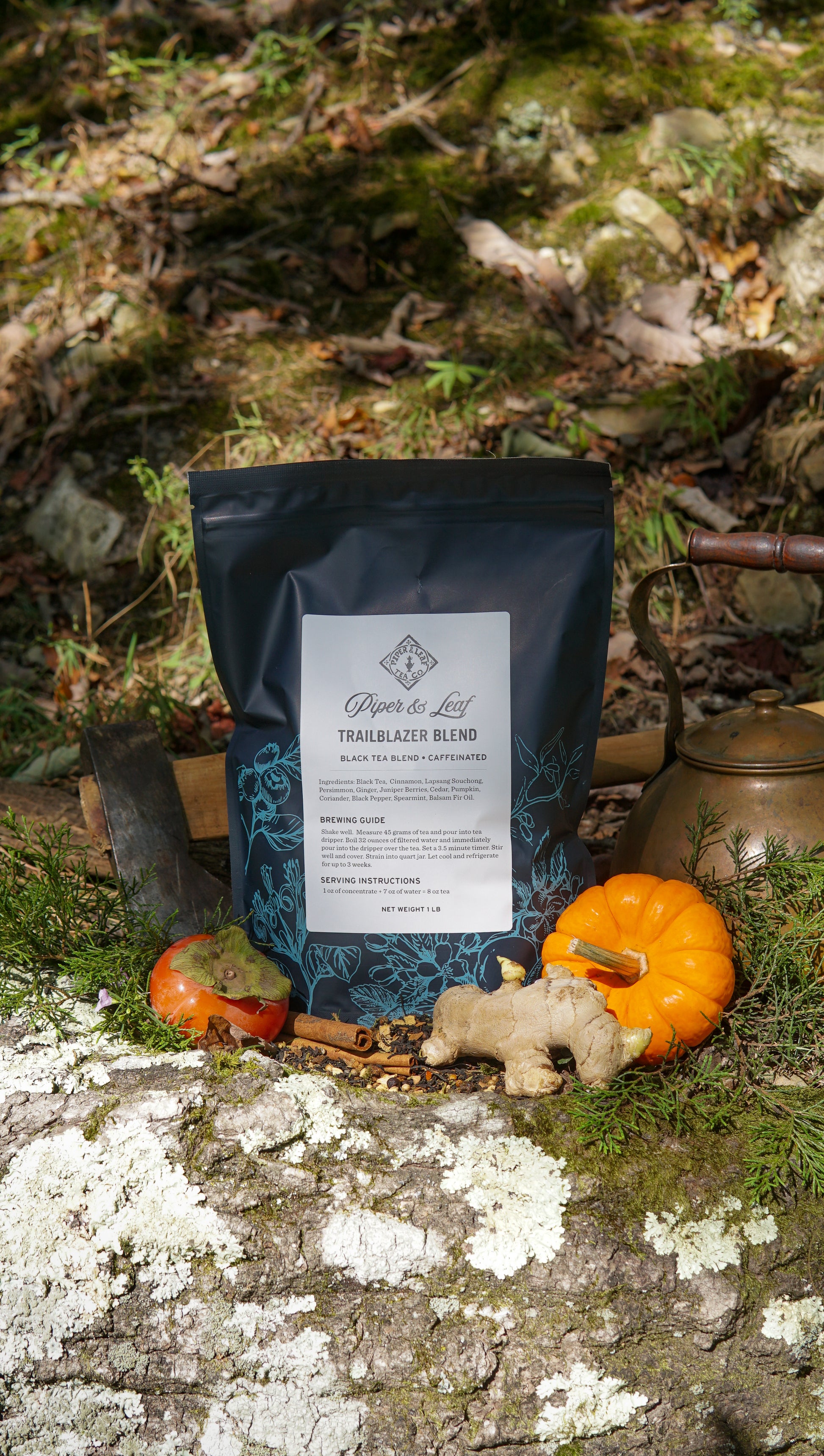 A Piper & Leaf Tea Co. Trailblazer Blend Pound Bag (190 servings) sits on a mossy surface, surrounded by persimmon, pumpkin, ginger root, cinnamon sticks, and a vintage kettle.