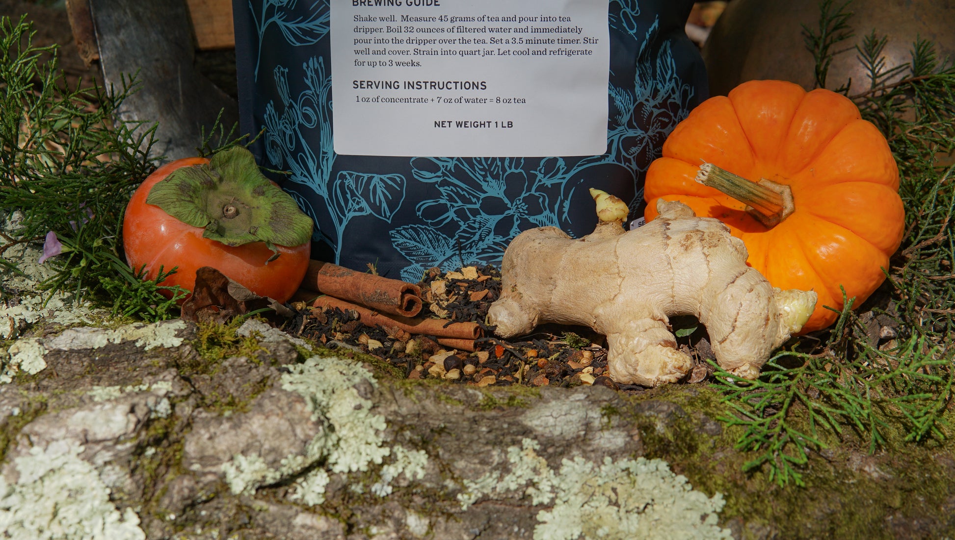 A persimmon, ginger root, small pumpkin, and cinnamon sticks are arranged on moss and leaves in front of a black and blue Piper & Leaf Tea Co. Trailblazer Blend Pound Bag (190 servings).